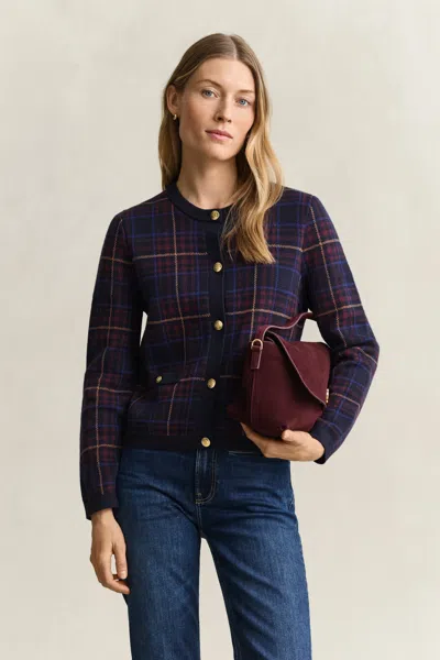 Gant Knitted Check Cardigan In Navy
