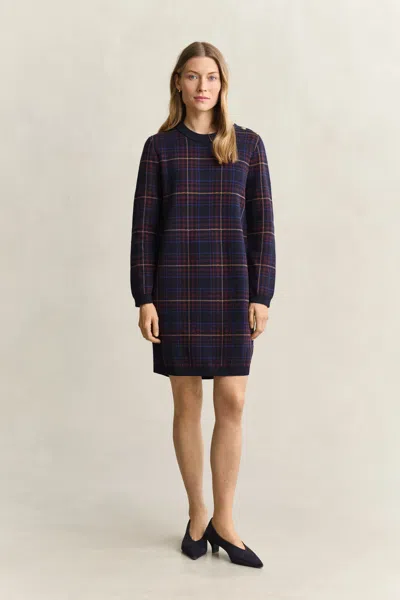 Gant Knitted Check Dress In Navy
