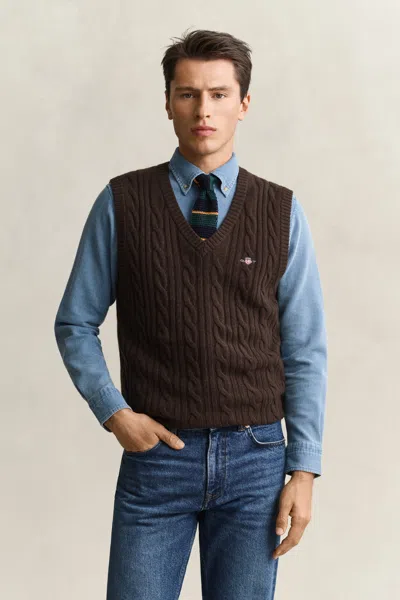 Gant Lambswool Cable Knit Vest In Black Brown