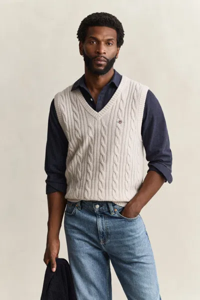 Gant Lambswool Cable Knit Vest In Clay Beige