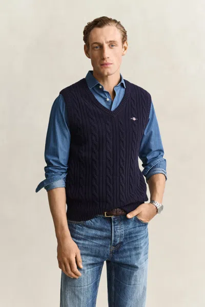 Gant Lambswool Cable Knit Vest In Navy