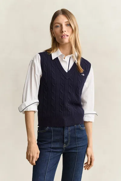 Gant Lambswool Cable Knit Vest In Navy