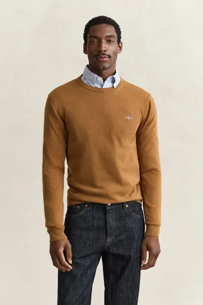 Gant Lambswool Crew Neck Sweater In Brown