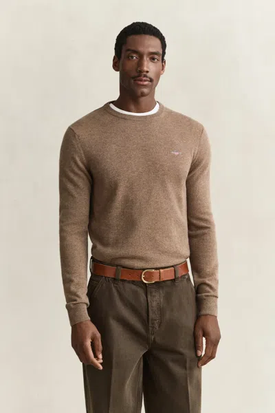 Gant Lambswool Crew Neck Sweater In Brown