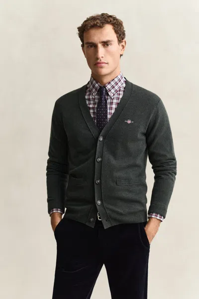 Gant Lambswool V-neck Cardigan In Dark Moss Green