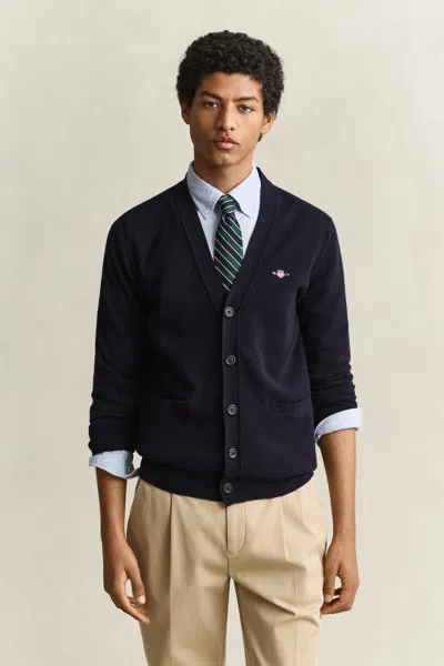 Gant Lambswool V-neck Cardigan In Marine