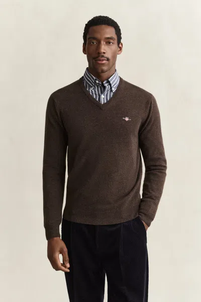 Gant Lambswool V-neck Sweater In Brown