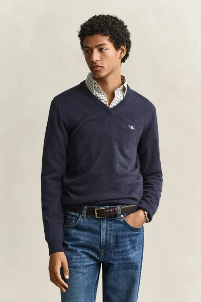 Gant Lambswool V-neck Sweater In Blue