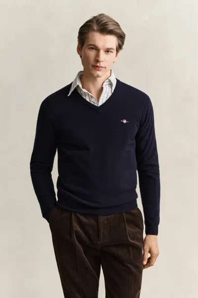 Gant Lambswool V-neck Sweater In Blue