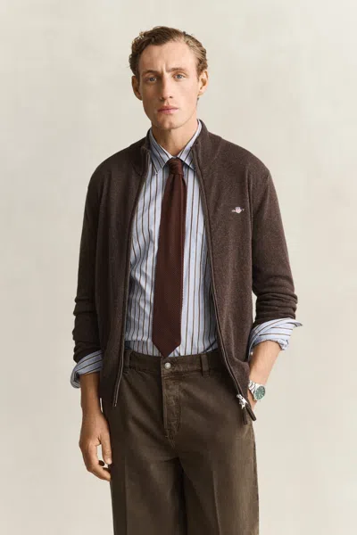 Gant Lambswool Zip Cardigan In Brown