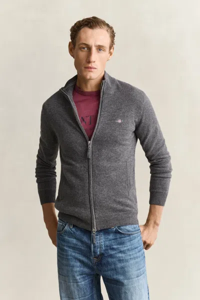 Gant Lambswool Zip Cardigan In Charcoal Melange