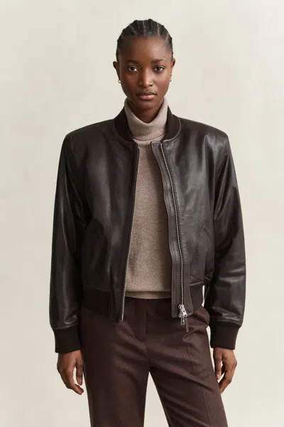 Gant Leather Bomber Jacket In Brown