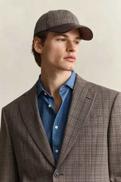 Gant Leather Visor Checked Wool Cap In Brown
