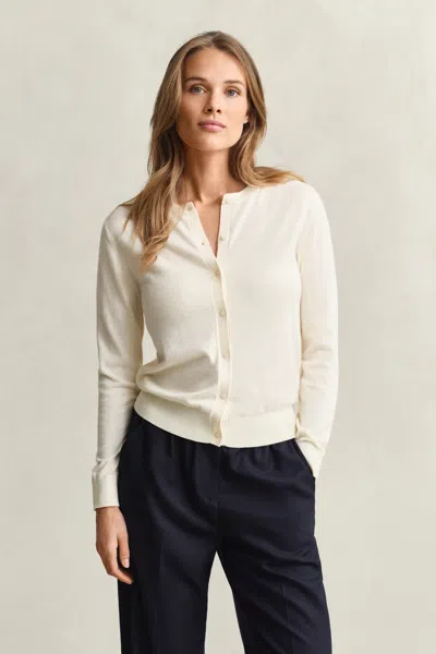 Gant Lightweight Knit Crew Neck Cardigan In White