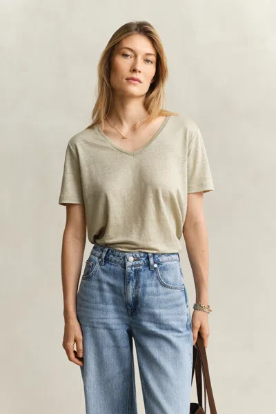 Gant Linen V-neck T-shirt In Green