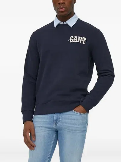Gant Logo-embroidered Crew-neck Sweatshirt In Blue