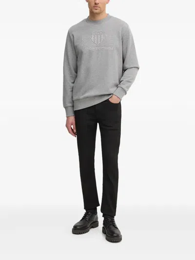Gant Logo-embroidered Crew-neck Sweatshirt In Gray