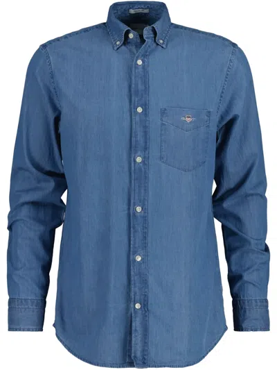 Gant Logo-embroidered Denim Shirt In Blue