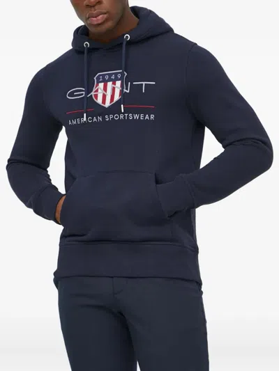 Gant Logo-embroidered Hoodie In Blue