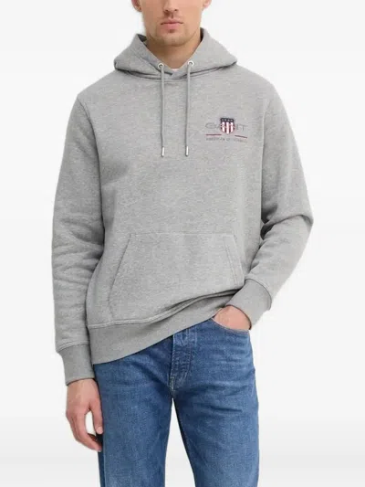 Gant Logo-embroidered Hoodie In Gray