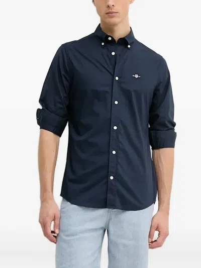 Gant Logo-embroidered Long-sleeve Shirt In Blue