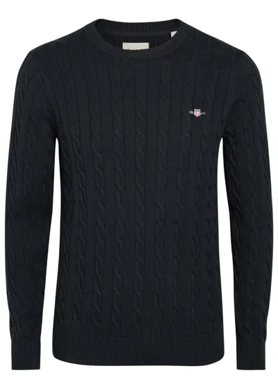 Gant Logo-embroidered Cable-knit Cotton Jumper In Blue