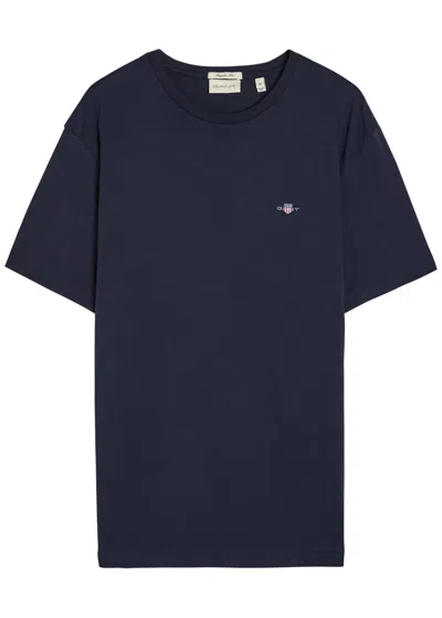 Gant Logo-embroidered Cotton T-shirt In Blue