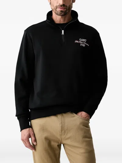 Gant Logo-embroidered Half-zip Sweatshirt In Black