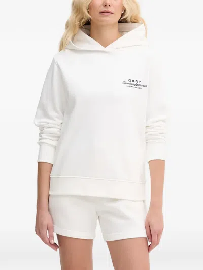 Gant Logo-embroidered Hoodie In White