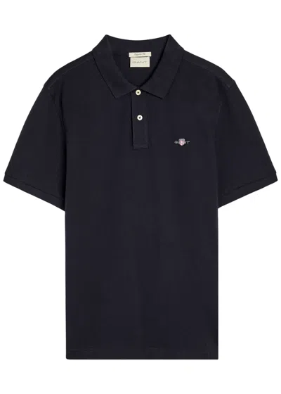 Gant Logo-embroidered Piqué Cotton Polo Shirt In Black