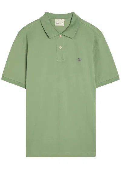 Gant Logo-embroidered Piqué Cotton Polo Shirt In Blue