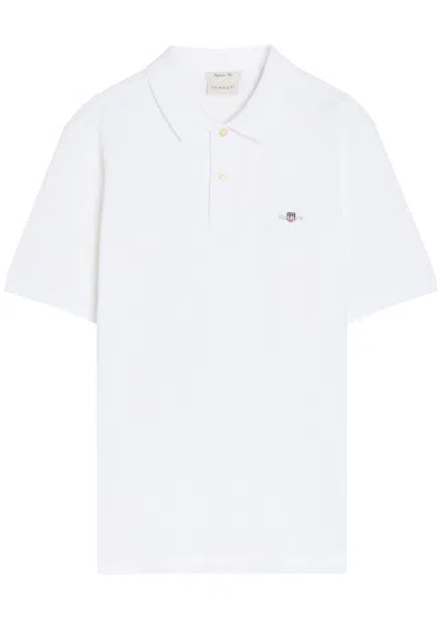 Gant Logo-embroidered Piqué Cotton Polo Shirt In White