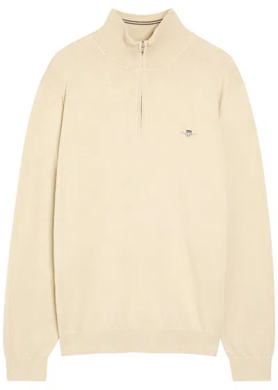 Gant Logo-embroidered Quarter-zip Cotton Jumper In Neutral