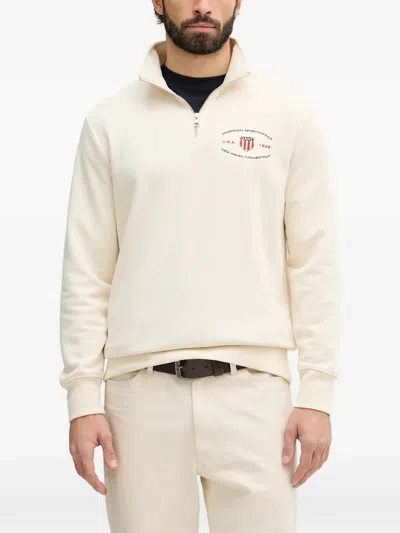 Gant Logo-embroidered Quarter-zip Sweater In Neutral
