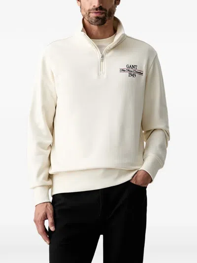 Gant Logo-embroidered Quarter-zip Sweatshirt In White