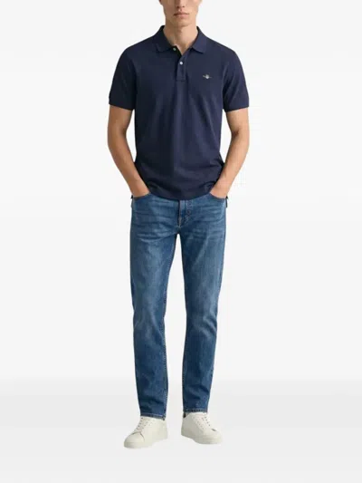 Gant Logo-embroidered Short-sleeve Polo Shirt In Blue