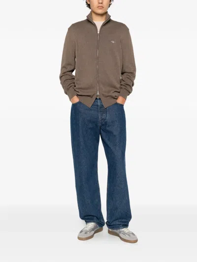 Gant Logo-embroidered Zip-up Cardigan In Brown
