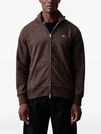 Gant Logo-embroidered Zip-up Sweatshirt In 브라운
