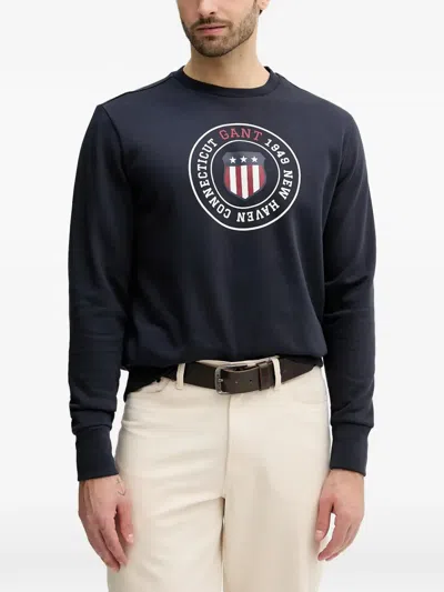 Gant Logo-print Crew-neck Sweatshirt In Blue