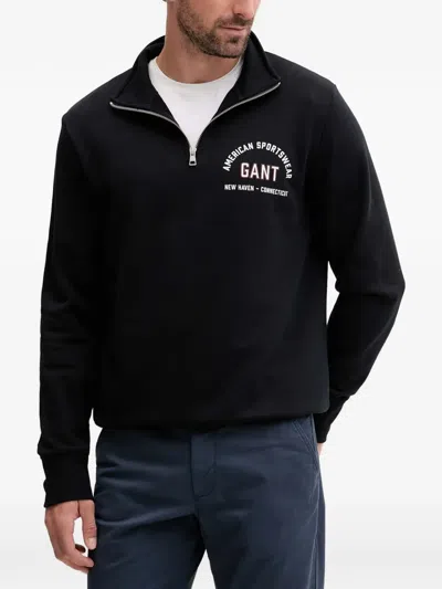 Gant Logo-print Quarter-zip Sweatshirt In Black