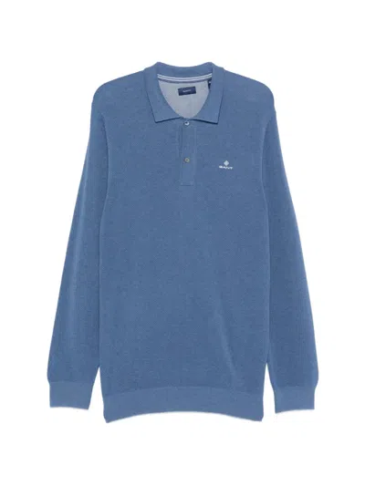 Gant Long-sleeve Knitted Polo Shirt In Blue