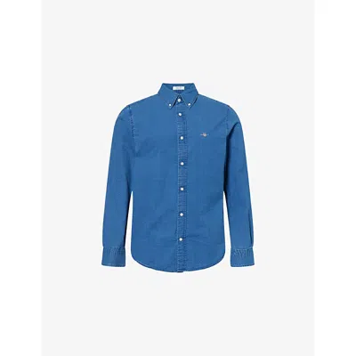 Gant Mens Dark Indigo Embroidered-logo Seersucker Cotton Shirt In Blue