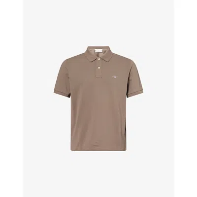 Gant Mens  Shield Logo-embroidered Cotton-piqué Polo T-shirt In Brown