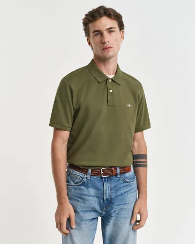 Gant Mens Regular Fit Short Sleeve Shield Logo Pique Polo In Green