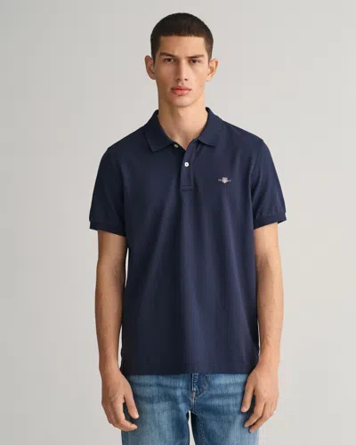 Gant Mens Regular Fit Short Sleeve Shield Logo Pique Polo Nos In Navy