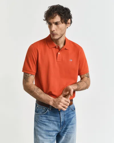 Gant Mens Regular Fit Short Sleeve Shield Logo Pique Polo In Orange