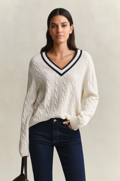 Gant Merino Wool Cable Knit Sweater In White