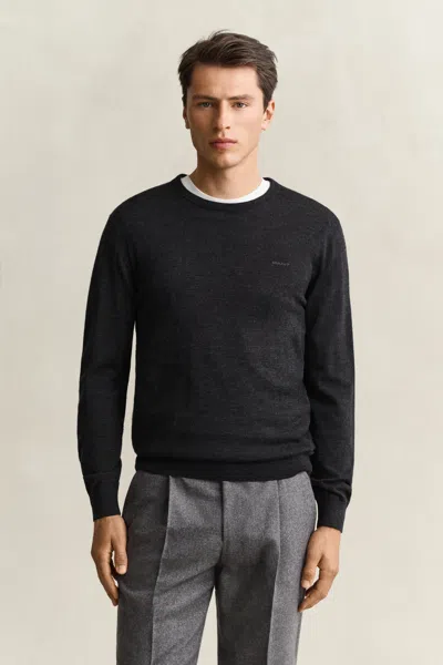 Gant Merino Wool Crew Neck Sweater In Black