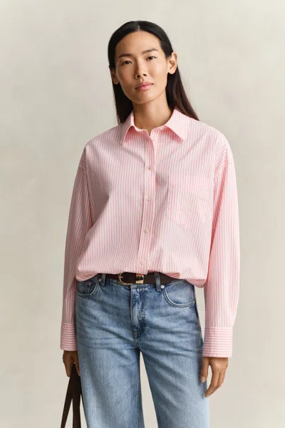Gant Oversized Classic Striped Poplin Shirt In Pink