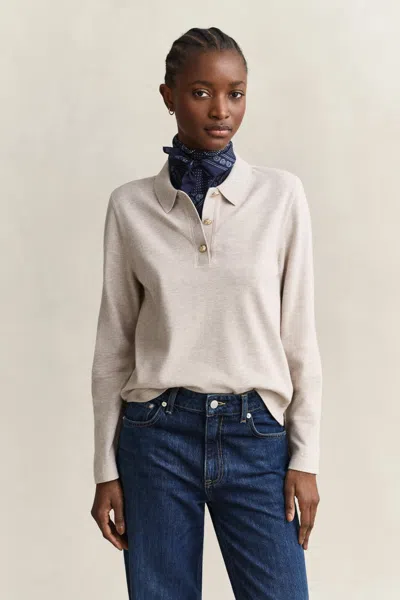 Gant Piqué Polo Long Sleeve Top In Neutral